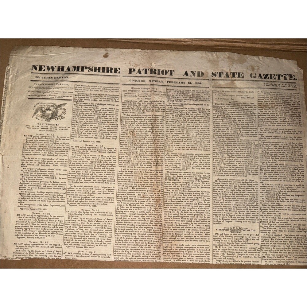1835 New-Hampshire Patriot Newspaper Andrew Jackson Assassination Attempt